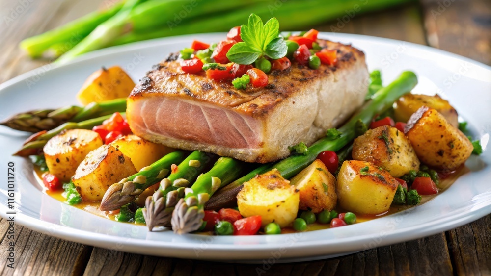 Pan-Seared Fish with Roasted Potatoes and Asparagus, Garnished with Herbs and a Sweet and Savory Sauce Pan-Seared Fish with Roasted Potatoes and Asparagus, Garnished with Herbs and a Sweet and Savory Sauce