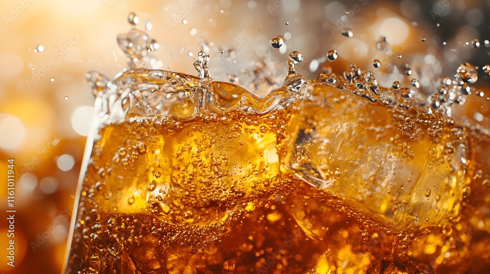 Dynamic splash photography of cola with ice cubes, capturing liquid motion, amber color, and carbonated bubbles with water droplets in commercial beverage style. Dynamic splash photography of cola with ice cubes, capturing liquid motion, amber color, and carbonated bubbles with water droplets in commercial beverage style.