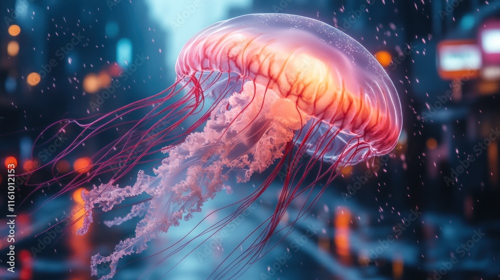 A glowing jellyfish floats through a rainy urban environment, creating a surreal atmosphere. A glowing jellyfish floats through a rainy urban environment, creating a surreal atmosphere.