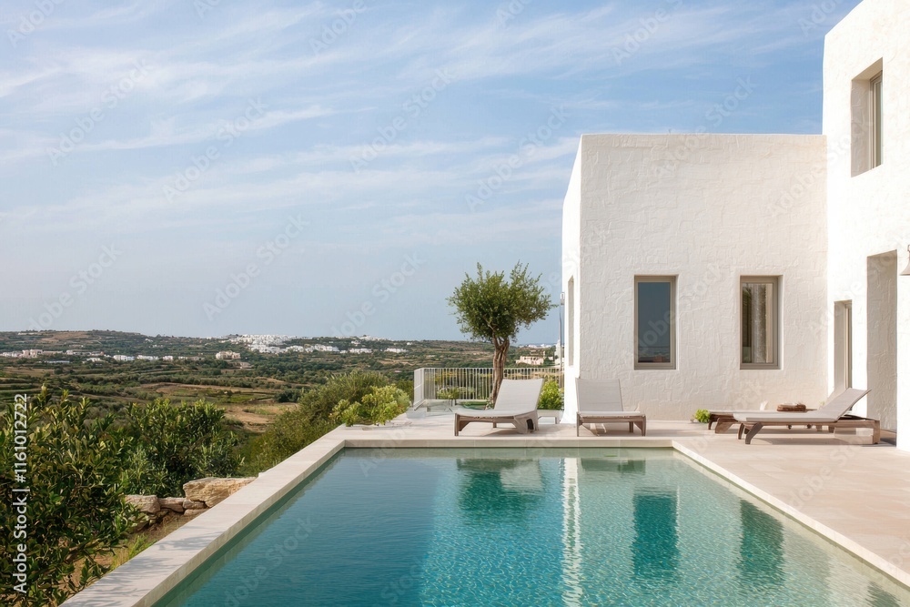 Fototapeta premium Elegant Villa with Pool Overlooking Scenic Landscape in Daylight