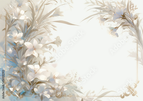 Composición floral en tonos claros con flores blancas celestes y marco ornamental o borde rectangular, ideal para invitaciones o diseños elegantes, fondo de texto de poesía, frase del día, mensaje.