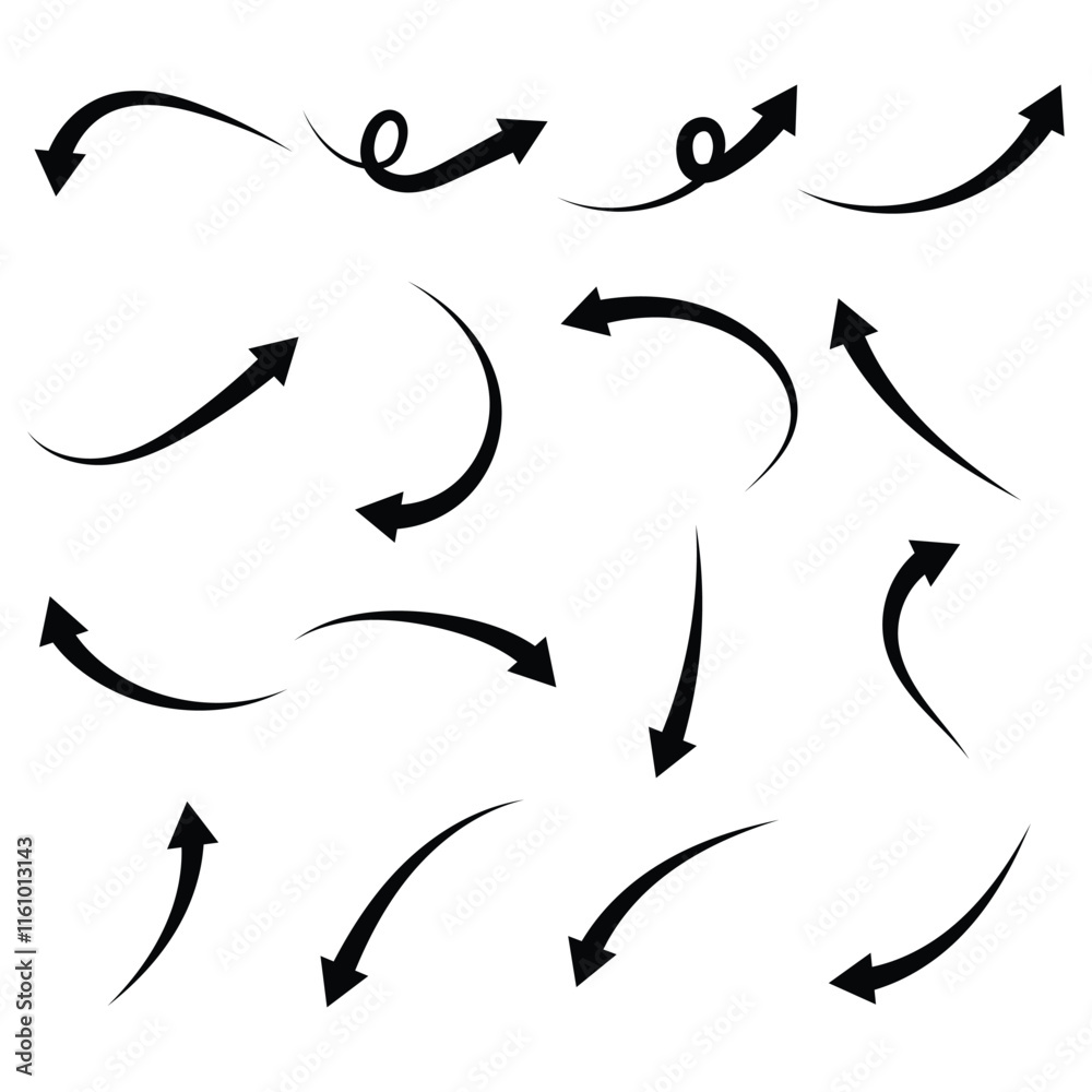 Hand drawn curved doodle arrows collection, Vector eps 10 illustration. Hand drawn curved doodle arrows collection, Vector eps 10 illustration.