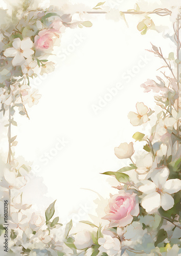 Composición floral en tonos pastel claros con flores de color blanco rosas suave y marco o borde ornamental, ideal para invitaciones o diseños elegantes, fondo texto poesía, frase del día, motivación