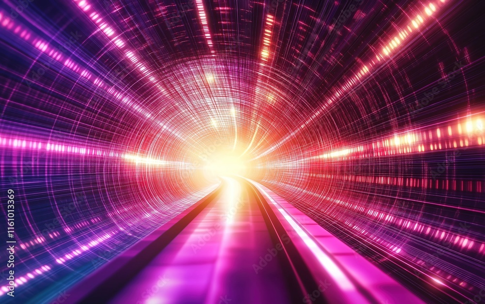 Obraz premium Cyber neon tunnel. Futuristic interface pattern. Glowing high technology texture. Abstract motion background. Cyber punk concept