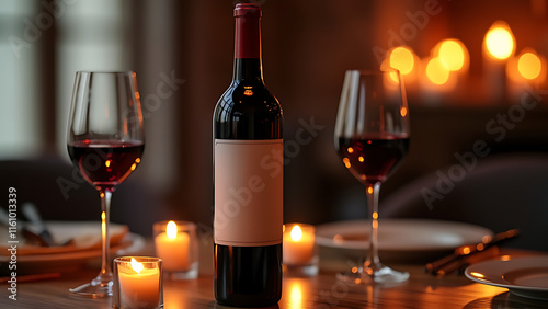 Elegant Dark Red Wine Bottle Mockup with Classic Label Design – Candlelit Dinner Setting photo