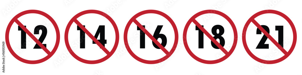 Adults content only age restriction 12, 14, 16, 18, 21 plus years old icon signs set Adults content only age restriction 12, 14, 16, 18, 21 plus years old icon signs set