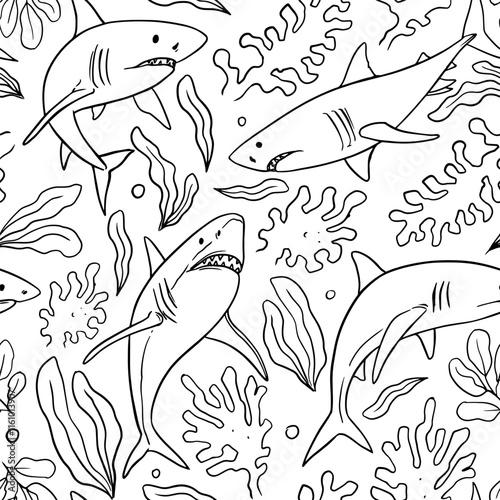 Shark, seamless, pattern, set of illustrations, realistic sketch, hand drawn vector