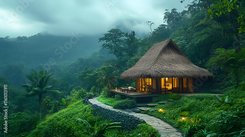 A stunning photography of a jungle retreat, where a small hut made of natural materials blends seamlessly into the dense greenery, creating a perfect escape.
