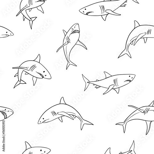 Shark, seamless, pattern, set of illustrations, realistic sketch, hand drawn vector