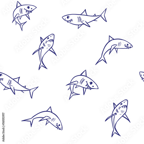 Shark, seamless, pattern, set of illustrations, realistic sketch, hand drawn vector