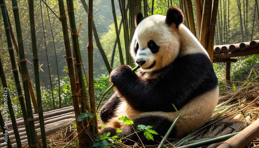Obraz premium A panda sitting amidst bamboo forest, munching on bamboo shoots, with its round body highlighted.