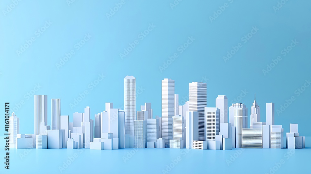 Minimalist white cityscape model on light blue background. Minimalist white cityscape model on light blue background.