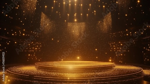 Award party stage golden stage glitter animation. Stars, lights and particles. Luxury gold light streak. Particle, luxury awards ceremony background, awards performance. 3D illustration