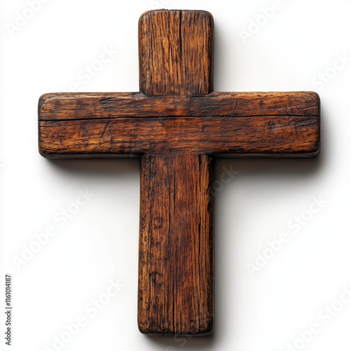 Cruz de madera sencilla, la madera es rústica barnizada en marrón oscuro, se ven vetas y rajas naturales propias de la madera, sobre fondo blanco aislada.