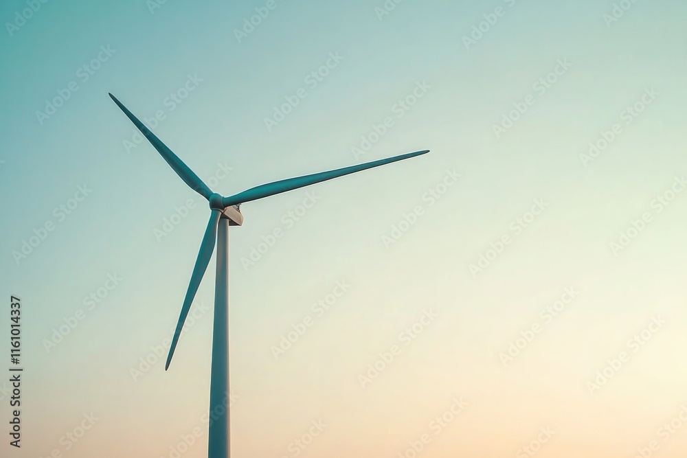 Fototapeta premium Tall wind turbine against pastel sky, symbolizing renewable ener