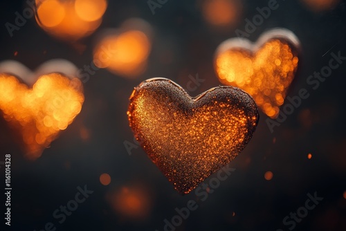 Floating sparkling hearts illuminated by warm orange glow against a dark background create a romantic atmosphere during evening hours