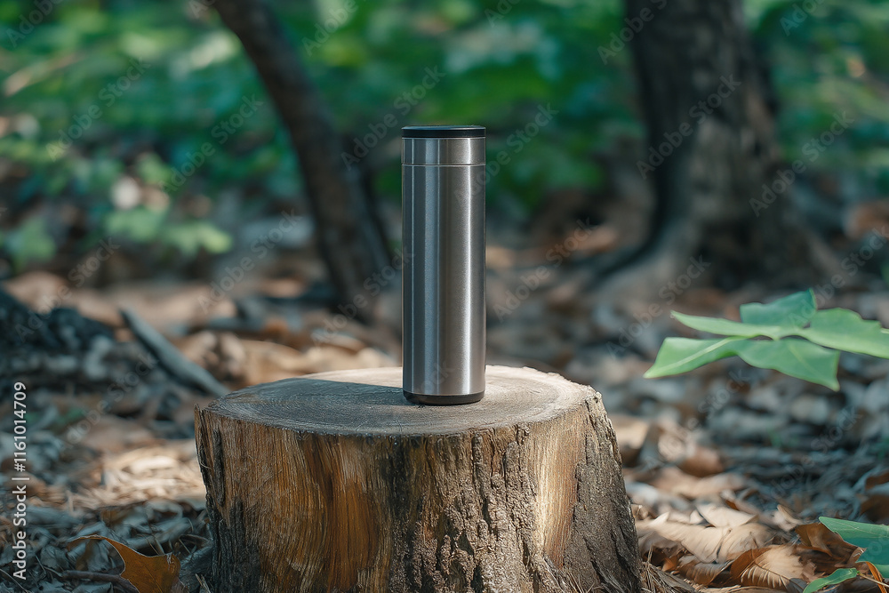 Minimalist thermos resting on wooden hiking trail marker in serene forest setting Minimalist thermos resting on wooden hiking trail marker in serene forest setting