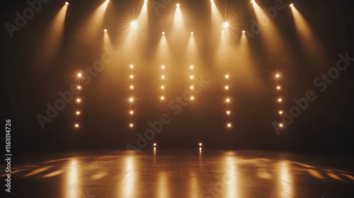 Award party stage golden stage glitter animation. Stars, lights and particles. Luxury gold light streak. Particle, luxury awards ceremony background, awards performance. 3D illustration