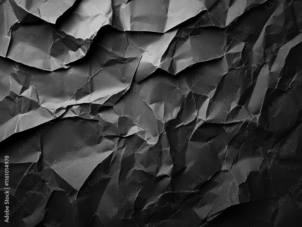 Fototapeta premium Textured crinkled black paper background high-contrast glossy finish artistic environment close-up view