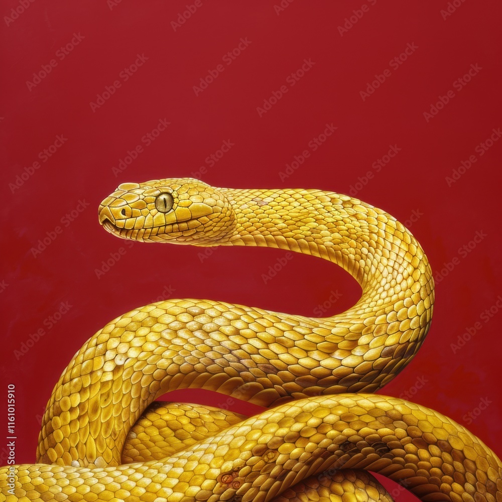 Fototapeta premium Captivating Close-Up of a Vibrant Yellow Snake on a Red Background