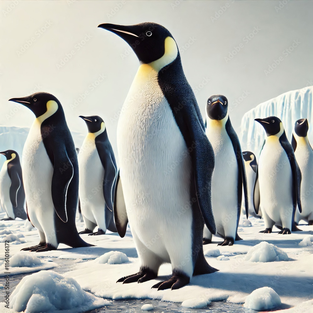 Obraz premium A realistic image of a group of penguins standing on icy terrain, with their black-and-white bodies contrasting against the snow.