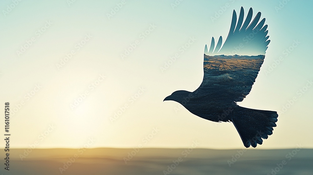 Fototapeta premium double exposure of a bird in flight, with the bird's wings transforming into a view of a vast desert landscape, symbolizing liberation. The background is minimal and neutral for adding text. 