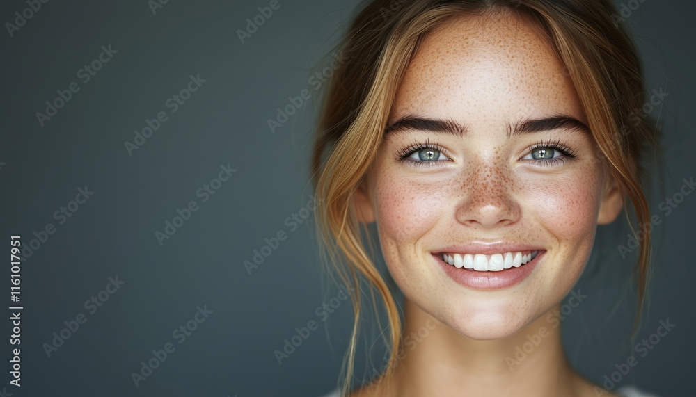 Charming Portrait Of A Gorgeous Young Woman With Flawless Smile Against A Gray Background Exudes Elegance And Sophistication. Charming Portrait Of A Gorgeous Young Woman With Flawless Smile Against A Gray Background Exudes Elegance And Sophistication.