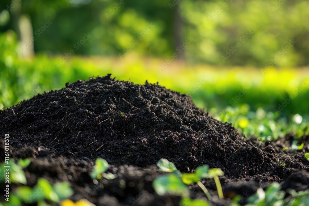 Dark, rich soil mound surrounded by greenery symbolizes nature's Dark, rich soil mound surrounded by greenery symbolizes nature's