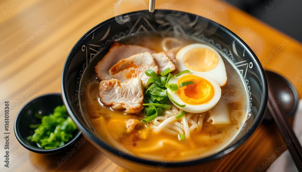 Ramen bowl, rich broth, soft-boiled eggs, pork chashu, green onions, bamboo shoots, wooden table, Japanese cuisine, steam rising, black ceramic bowl, side dish of greens, chopsticks, appetizing Ramen bowl, rich broth, soft-boiled eggs, pork chashu, green onions, bamboo shoots, wooden table, Japanese cuisine, steam rising, black ceramic bowl, side dish of greens, chopsticks, appetizing