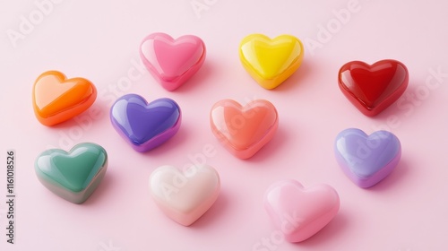 3D cartoon collection of colorful heartshaped toys on a pink background Perfect for Valentines Day or Mothers Day decorations