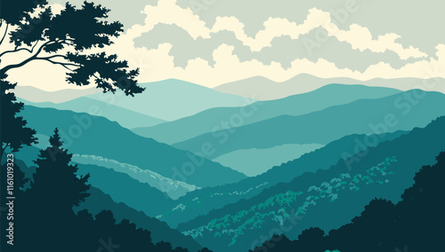 Watercolor painting of mountains layers. landscape with mountains. Vector illustration of mountains