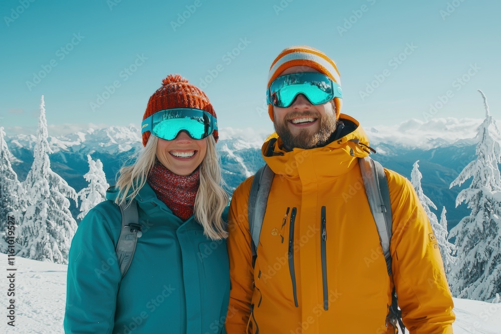 Smiling Couple in Colorful Winter Attire on Snowy Mountain Peak Smiling Couple in Colorful Winter Attire on Snowy Mountain Peak