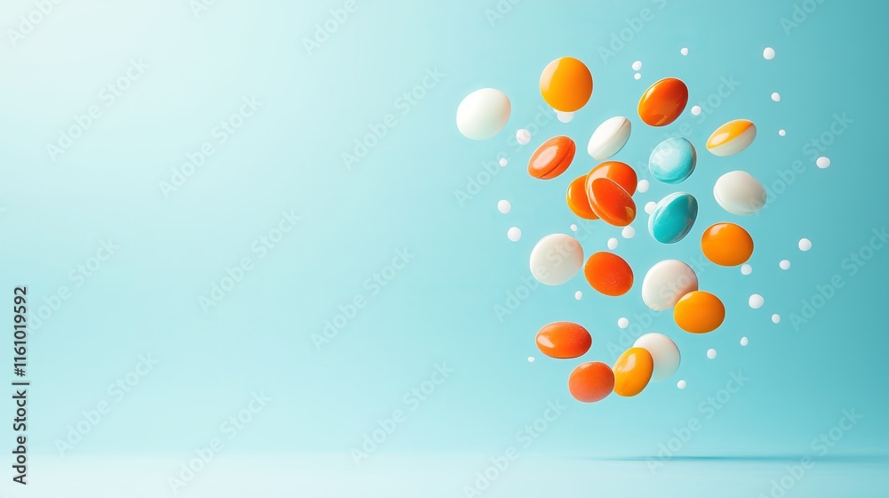 Colorful abstract seeds float in a bright blue atmosphere, representing growth and eco-friendliness during Earth Day celebrations