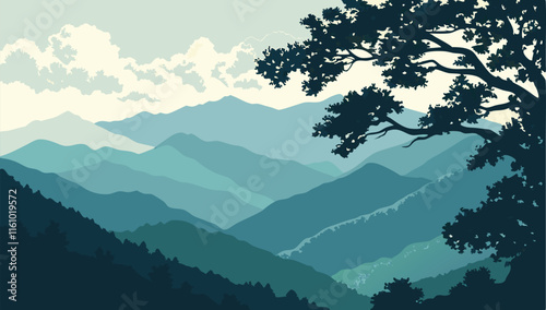 Watercolor painting of mountains layers. landscape with mountains. Vector illustration of mountains