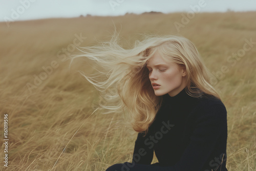 Blonde European androgynous woman crouching in a grassy field with wind-blown hair
