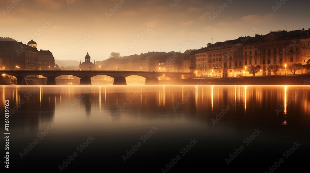 Naklejka premium Long exposure of light reflections in a city, golden hour lighting, empty space on the left for text,generative ai illustration