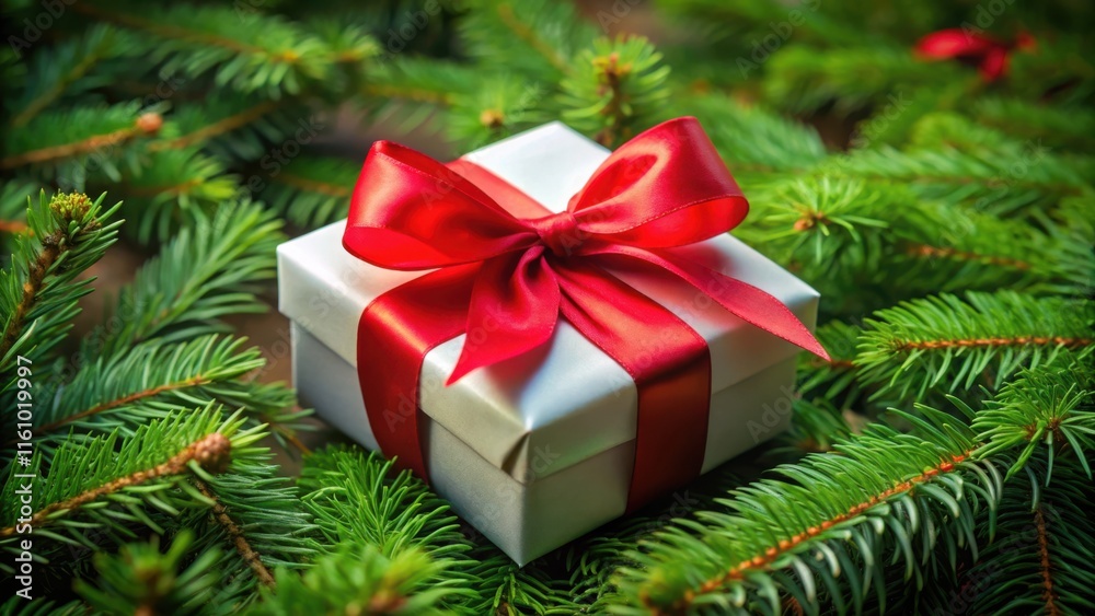 A gift box with a red ribbon nestled among the branches of a fir tree, exuding the spirit of the season. A gift box with a red ribbon nestled among the branches of a fir tree, exuding the spirit of the season.