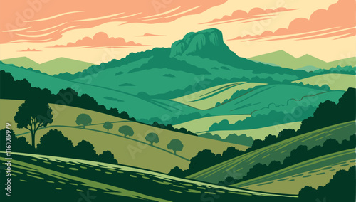 Flat landscape Vector illustration with green Mountain Peaks. landscape Vector illustration