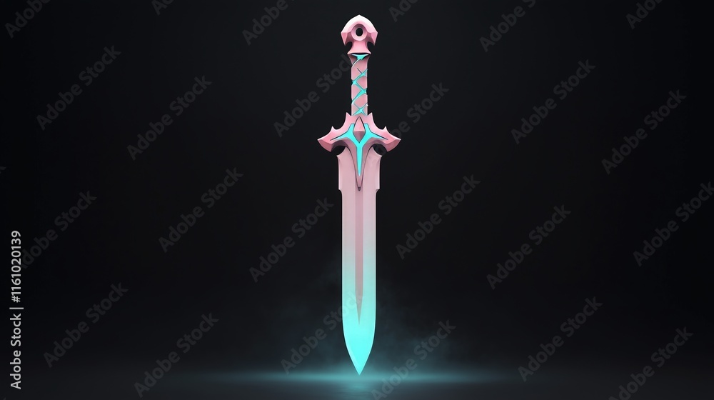 Fototapeta premium Glowing ornate dagger with floral handle and pastel neon highlights surrounded by mist in a dark background