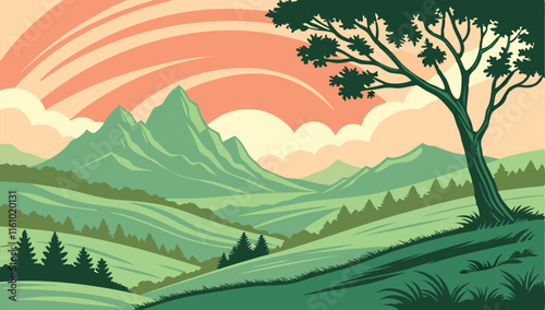 Flat landscape Vector illustration with green Mountain Peaks. landscape Vector illustration