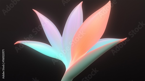 Glowing bird of paradise flower radiates pastel neon colors against pitch black background