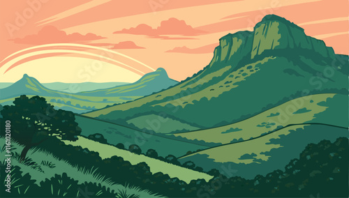 Flat landscape Vector illustration with green Mountain Peaks. landscape Vector illustration