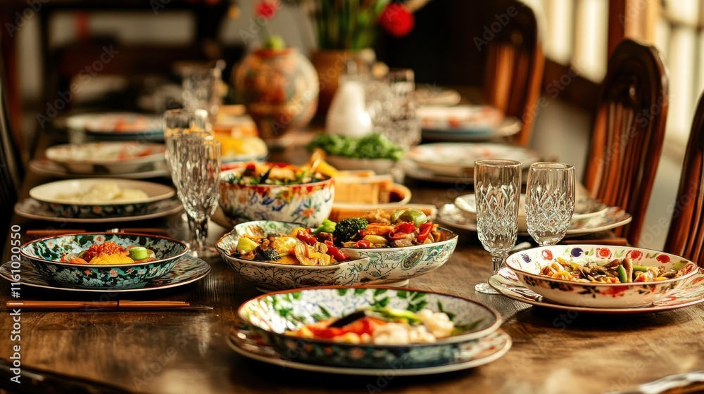 Sunlit table set for a festive dinner party with colorful patterned dishes, various food and drinks. Sunlit table set for a festive dinner party with colorful patterned dishes, various food and drinks.