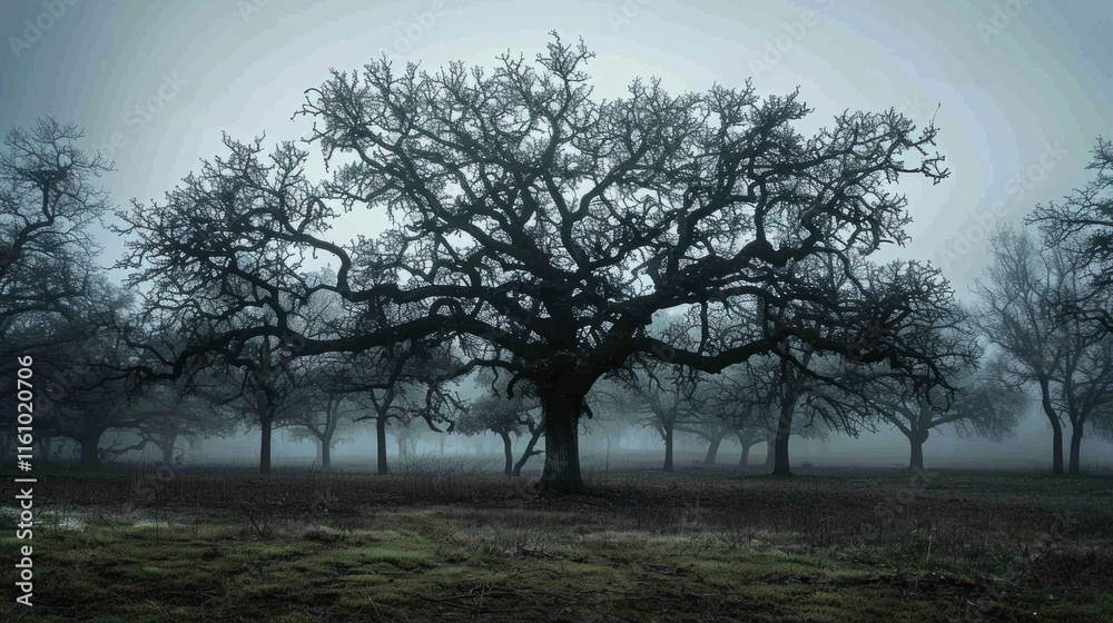 Silhouetted trees in a foggy field. Silhouetted trees in a foggy field.