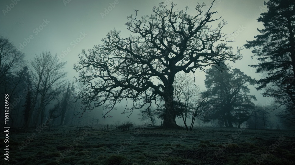 Misty forest with bare tree in foreground. Misty forest with bare tree in foreground.