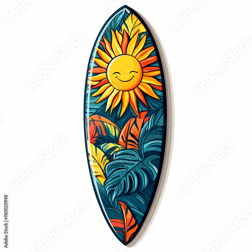 Colorful surfboard design featuring a smiling sun and tropical leaves perfect for beach vibes
