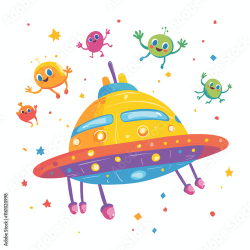 Colorful alien spaceship surrounded by cheerful extraterrestrial beings in a vibrant cosmic setting