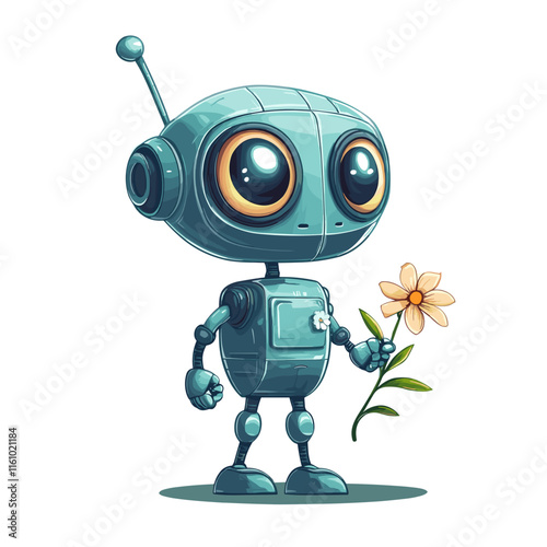 Friendly robot holding a flower in a whimsical style at a bright and cheerful setting