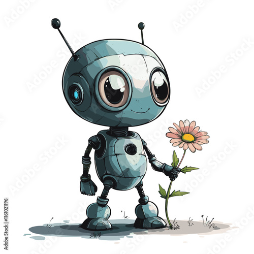 Charming robot holding a flower in a whimsical garden setting during daytime