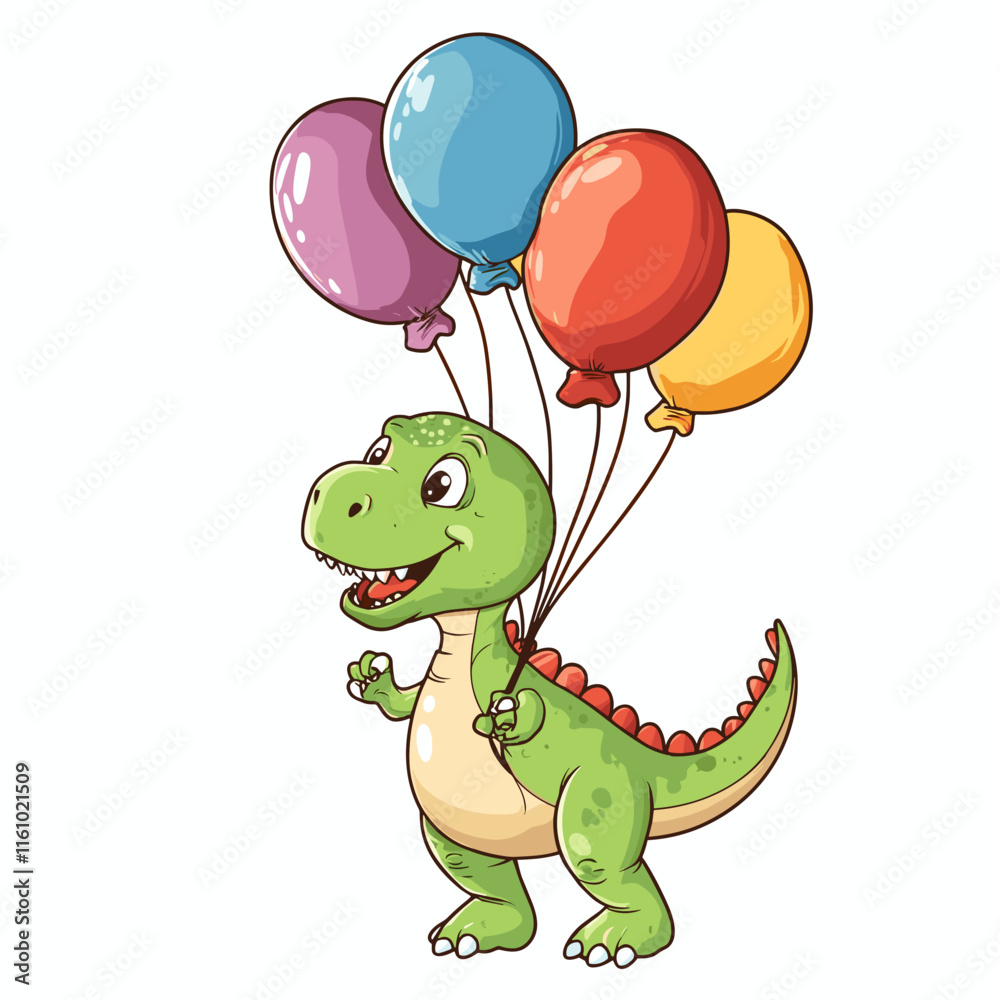 Fototapeta premium Cute green dinosaur holding colorful balloons at a festive celebration for children